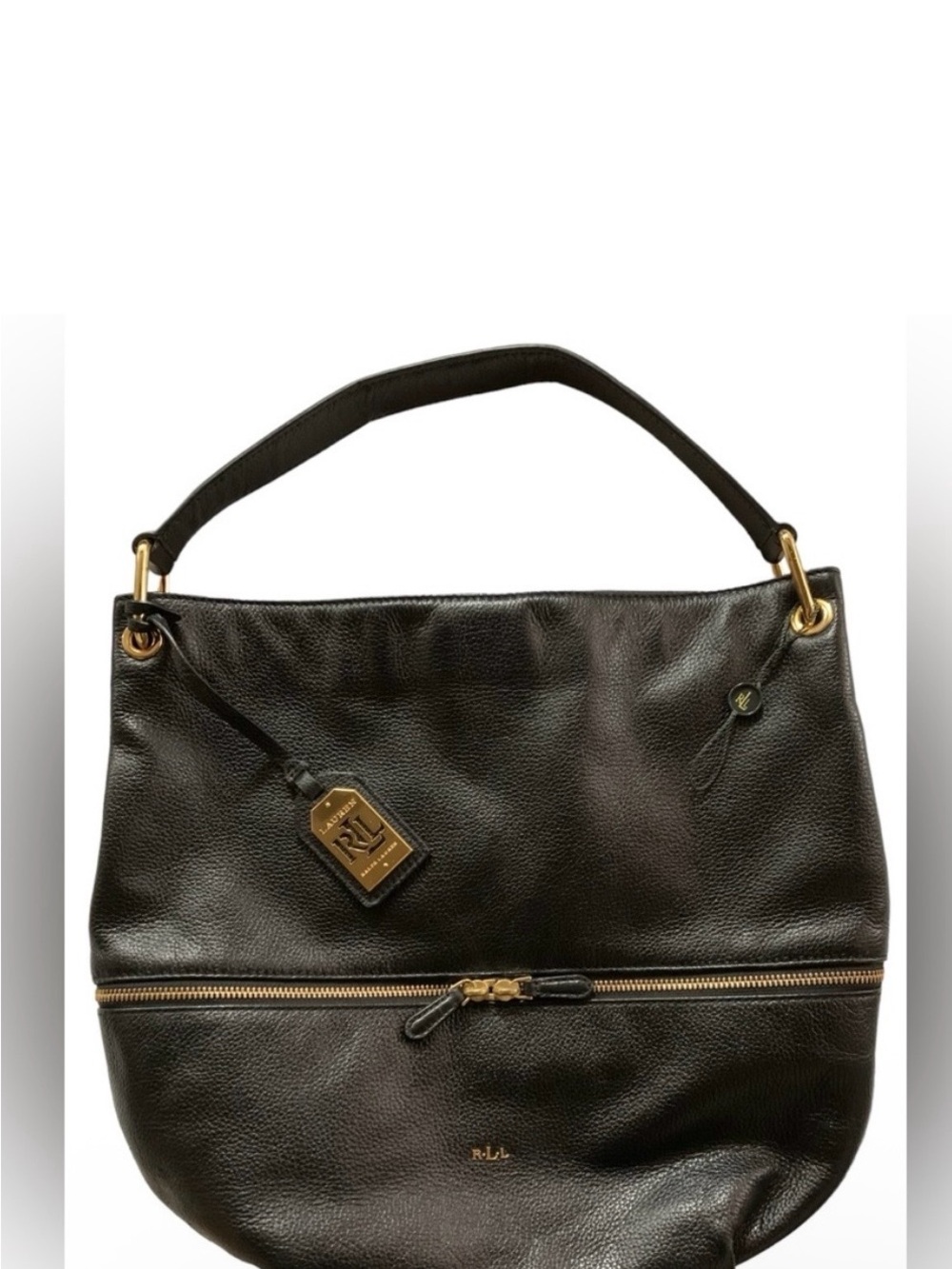 ⭐️Ralph Lauren Black Pebbled Leather Shoulder Tote with Gold Hardware